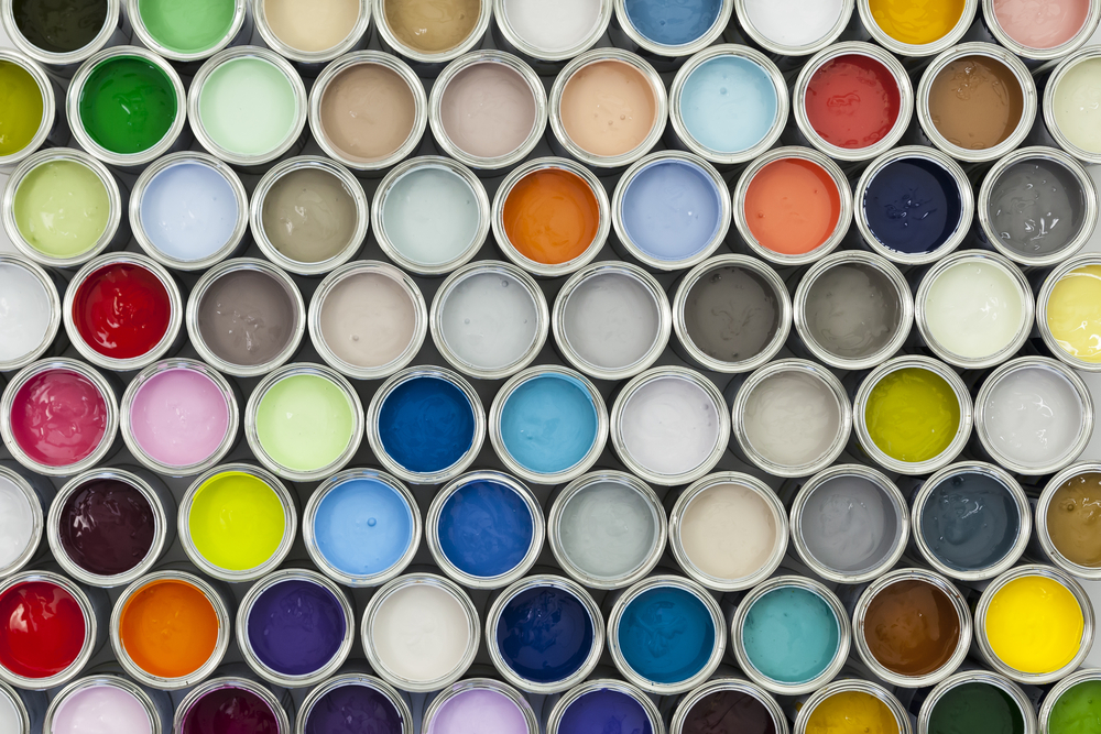 multi-colored paint sample pots