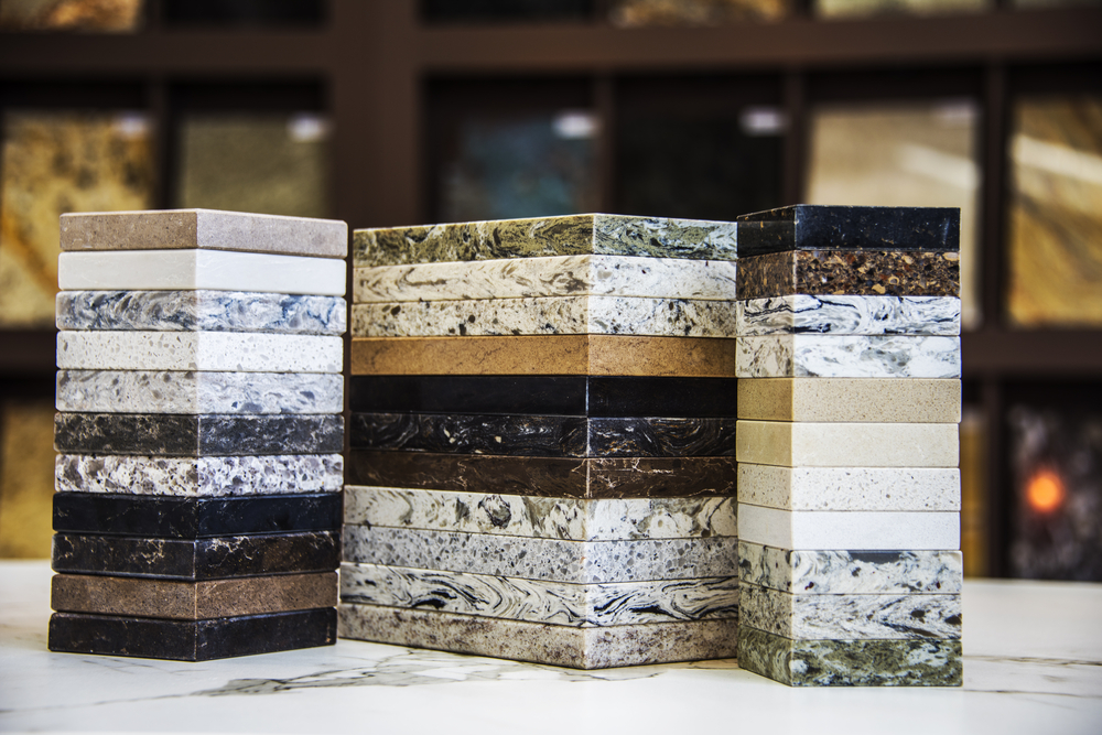 Stacked granite countertop material samples