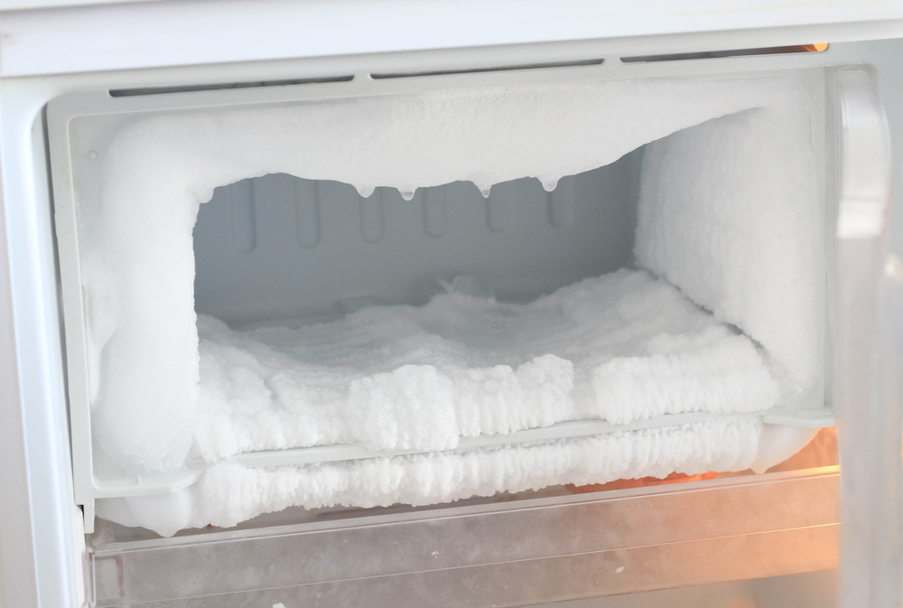 empty freezer with thick ice on the walls]